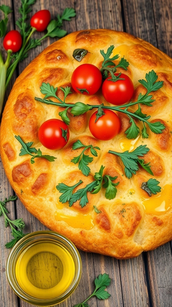 Golden-brown focaccia bread topped with herbs and cherry tomatoes on a wooden table.